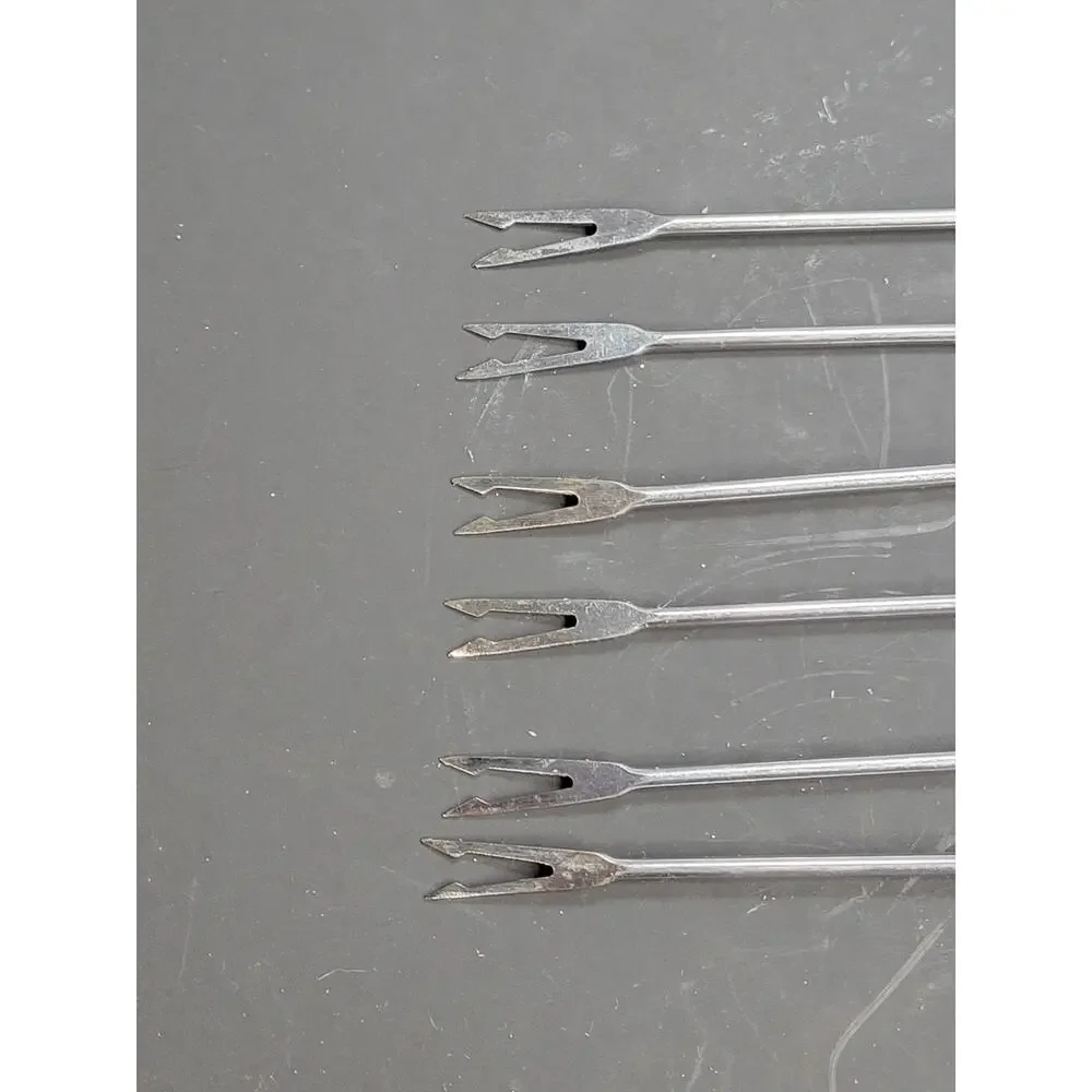 6 Vintage Mid Century Stainless Steel Fondue Forks Wood Handle Color Coded
